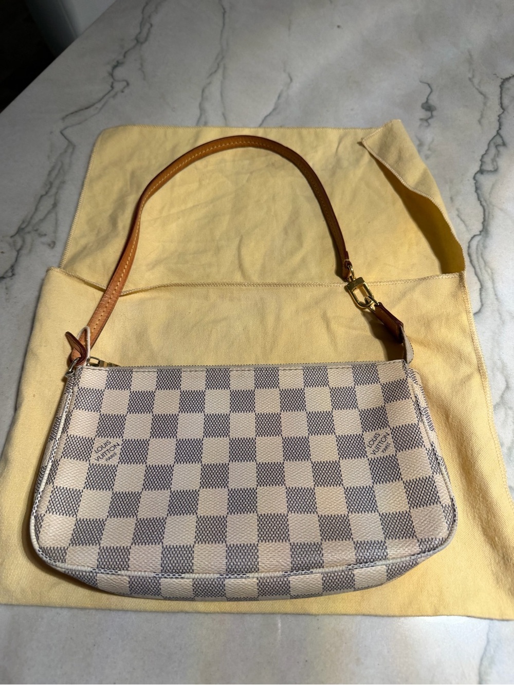 Louis Vuitton Pochette in Damier Azur Canvas - White/Beige with Tan Strap